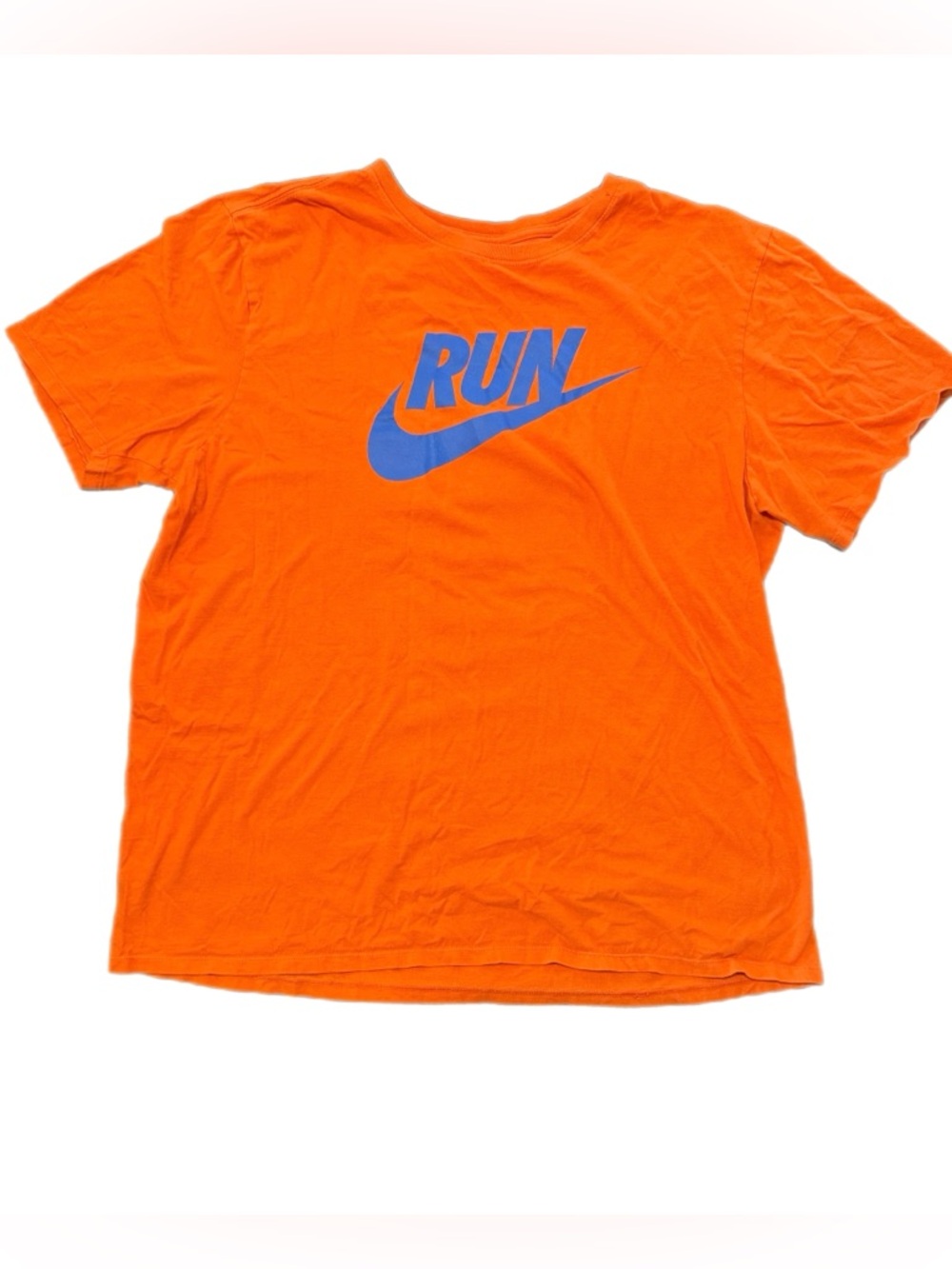 Nike Men’s Orange Tee with Blue RUN Swoosh Graphic